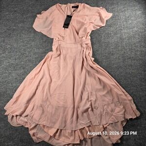 Curlbiuty Pink Chiffon Wrap Dress V-Neck High Low Flutter Sleeve Formal Sz S NEW
